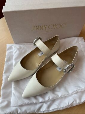 BNIB Jimmy Choo Cheri Flat Milk Napa Leather Mary Jane Shoes w Crystal Buckle,37